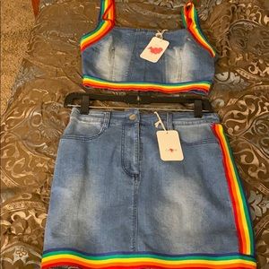 Two Piece Rainbow denim skirt set